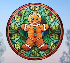 Christmas Gingerbread Boy/Girl Faux Stained Glass WINDOW CLING 8" Round Vinyl