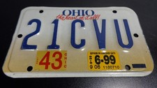 VTG METAL MOTORCYCLE LICENSE PLATE OHIO THE HEART OF IT ALL 21CVU EXP. 6/99 - 43