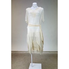 Vintage 1920s White sheer Flapper Dress Drop Waist Floral Net Lace short sleeve