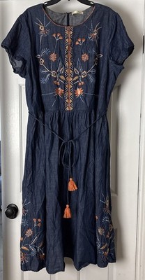 Wayward Fancies eShakti 3X 26W Dress Blue Floral Embroidery cotton