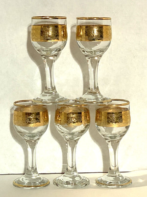Vintage Triple Gold Rim Stemmed Cordial Liqueur Glasses, Set of 5 Barware 4 3/8''