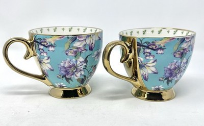 SH Home Set Of 2 Blue With Gold Accents Floral Stoneware Coffee Mugs New