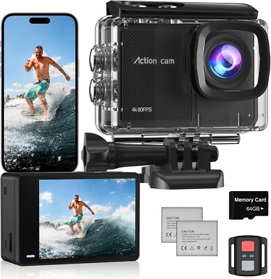 Action Cam 4K60 FPS 64GB SD Speicher 8X Zoom 40M Unterwasserkamera 48MP WiFi