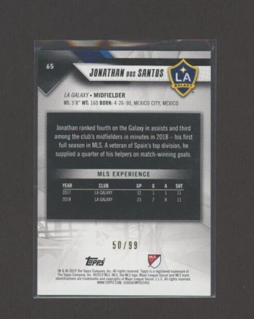 2019 Topps MLS Blue #65 Jonathan dos Santos 50/99 - Image 2 of 2