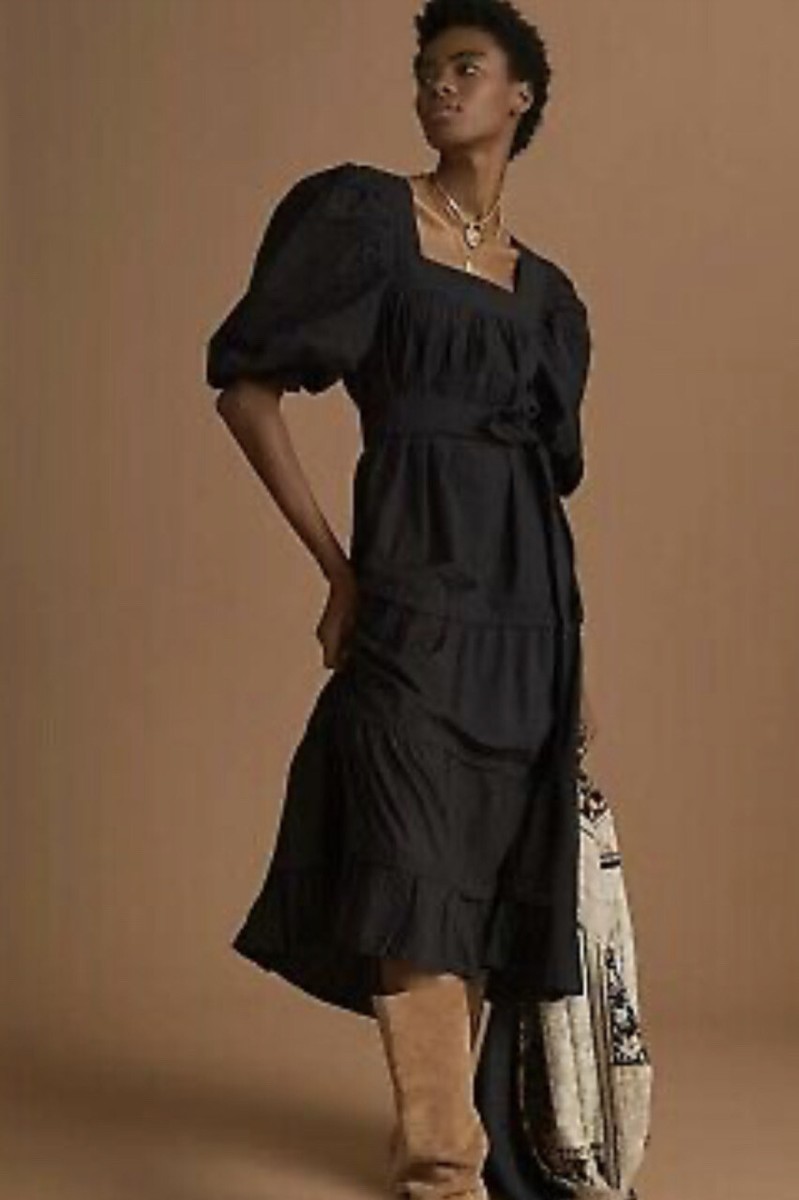 shein little black dress Anthropologie Love The Label Poplin Midi Dress Puff Sleeve Ruffled Black M  NWT