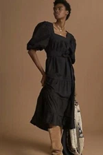  Anthropologie Love The Label Poplin Midi Dress Puff Sleeve Ruffled Black M NWT