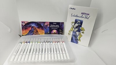 Ohuhu Aqua Natural Brush Watercolor Brush Pens 36 Colors. 12 Sheets Water.. Pads