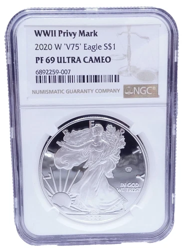 2020-W  WWII Privy Mark V75 Eagle Silver $1 Coin - NGC PF 69 Ultra Cameo OGP COA