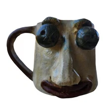 Ugly Face Pottery Mug Big Eyeballs Clay Coffee cup Brown Tan Beige Vintage Heavy