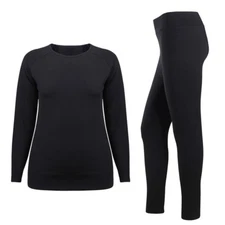 Black Long John Thermal Underwear Women Fleece Lined Base Layer Top & Bottom Set