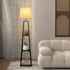 Modern Home Decor Tower Standing Floor Light Linen Lamp Shade 3 Metal Shelves
