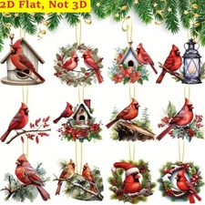 12/24pc Wooden Christmas Cardinal Ornaments Red Bird Hanging Decor for Xmas Tree