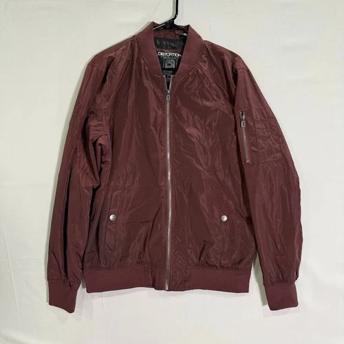 Distortion Bomber Jacket Mens L Burgundy Satin Full Zip Lined Sleeve Zip Pocket - product listing photo