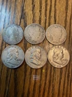 US silver coins lot, 6 half dollars, Barbers and Franklins