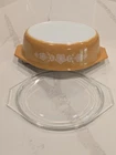 VTG Pyrex Butterfly Gold 045 Oval 2-1/2 Qt Casserole Dish w 945 C 9 Lid & Basket