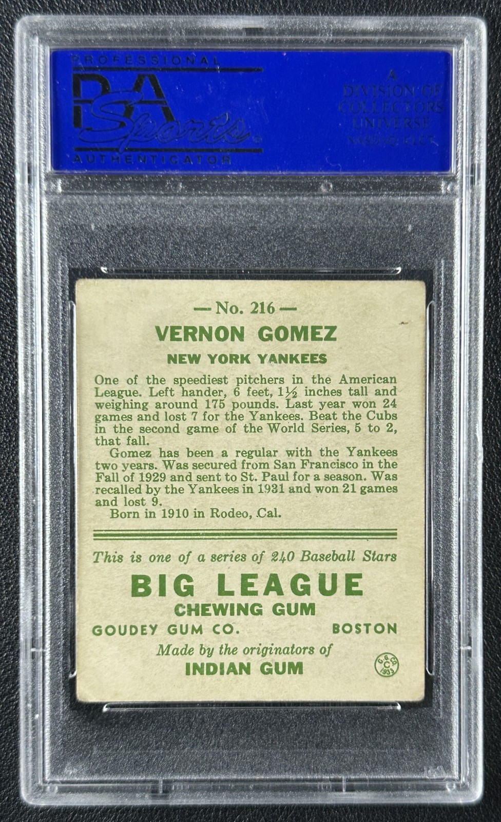 VERNON GOMEZ PSA 4 1933 GOUDEY R319 #216 ROOKIE RC YANKEES 7461 view 2