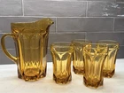 Vintage Anchor Hocking Fairfield Amber Glass Pitcher + 4 Tumblers 1972–1977