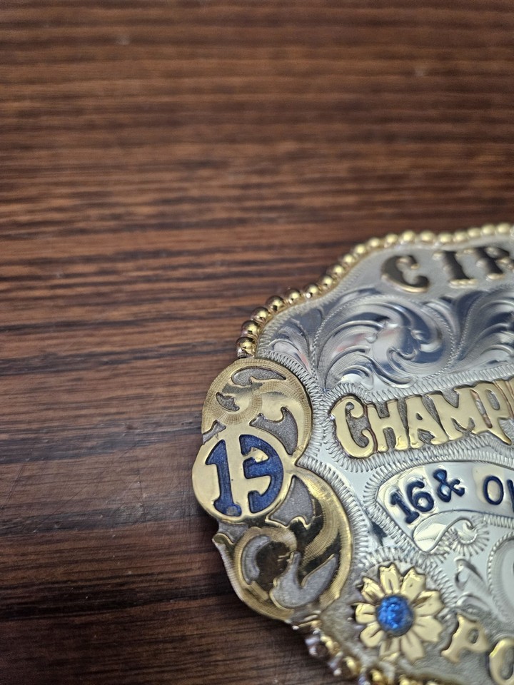 Pole Bender Rodeo Belt Buckle 16 & Over Champion W/Blue Stones Frontier ...