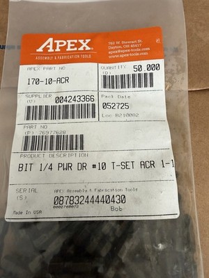 APEX  170-10-ACR POWER DRIVE BIT, IMPERIAL, #10 TORQ-SET  POINT, 1-1/4 IN L B-07
