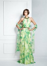 NWOT Pamella Roland Embellished Halter Silk Gown Multi Green Size 8