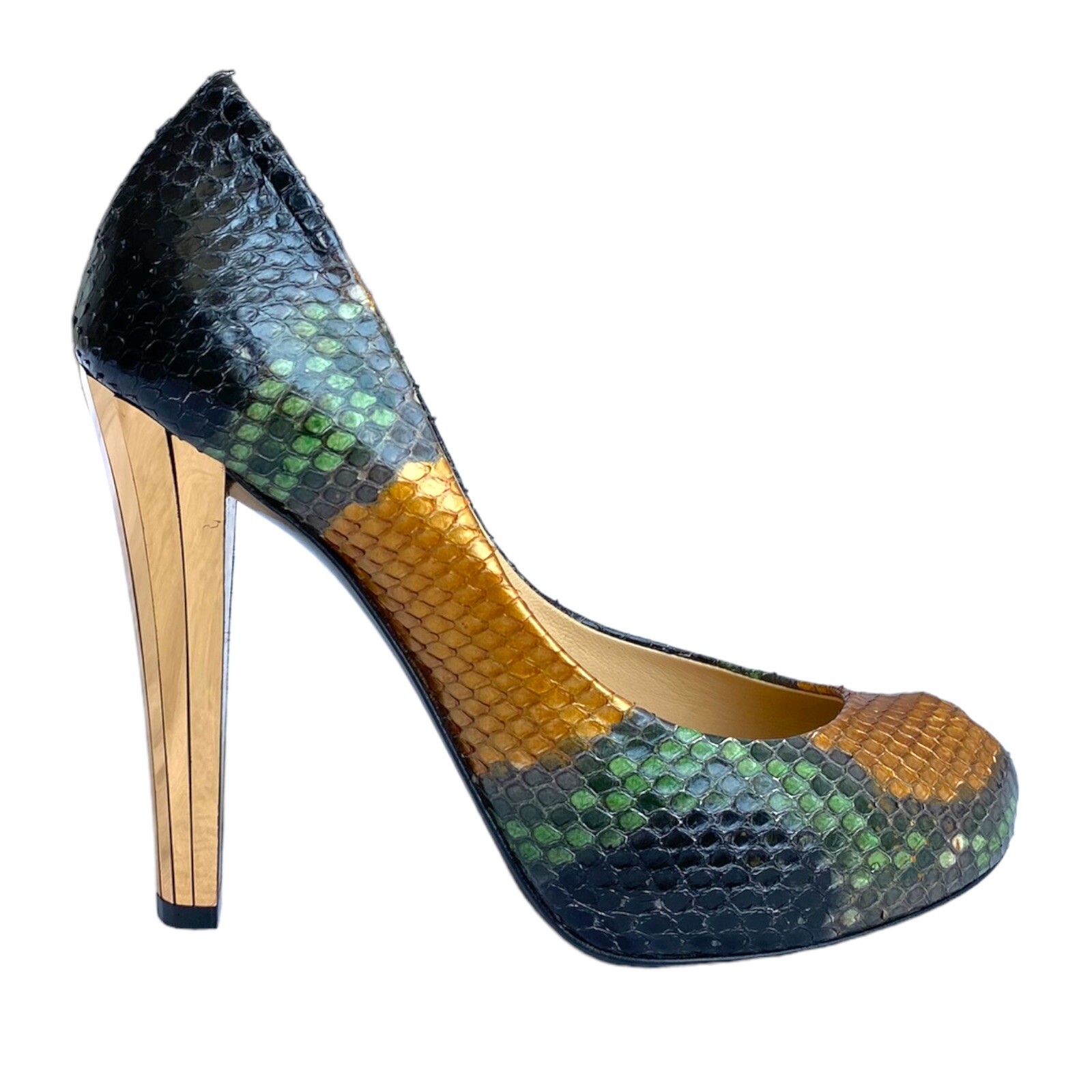 GUCCI Multicolor Python Leather Peep Toe Gold Mir… - image 5