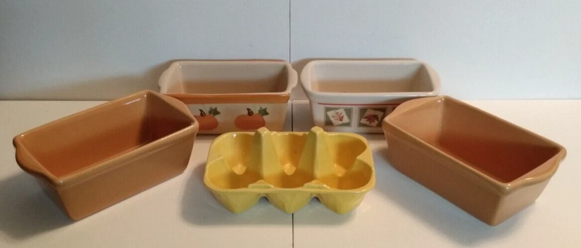 4 Mini Loaf Pans And Ceramic Egg Holder