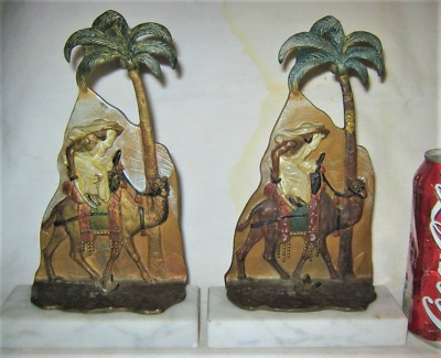 ANTIQUE AUSTRIAN BRONZE BOOKENDS PALM TREE ARAB CAMEL MAN OASIS SHEIK ART STATUE