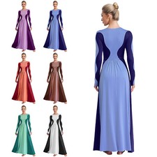 US Women Dancewear Party Dress Latin Tunic Church Dresses Long Sleeve Robe Stage