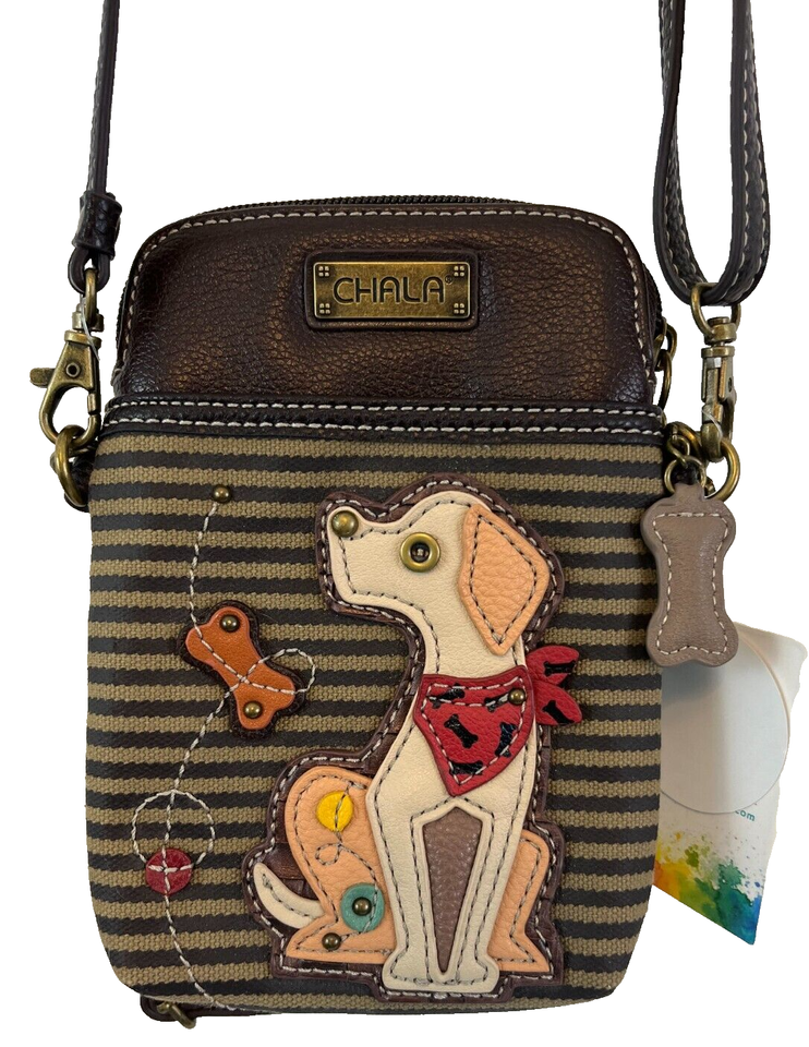 CHALA HANDBAGS Labrador Dog Crossbody Bag NWT Olive Stripe Cell Phone
