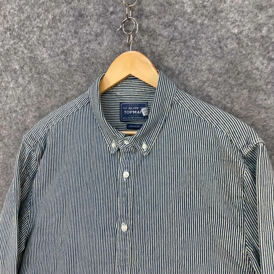 Topman Mens Button Up Shirt Size XL Blue Striped Acid Wash Long Sleeve 380.07 - Image 3 of 4