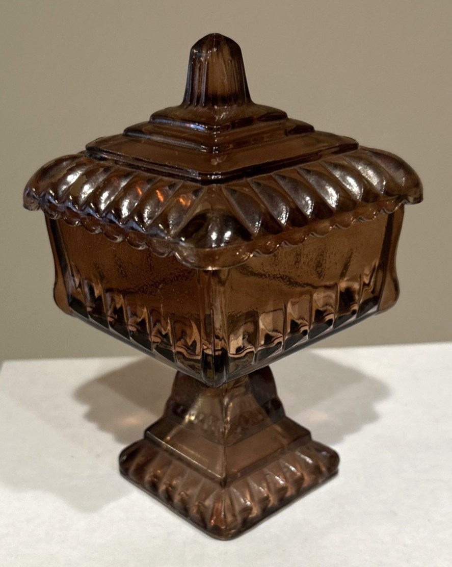 Vintage Jeanette Carnival Glass Wedding Box Dish Brown Rose Pedestal 6.5" + Lid