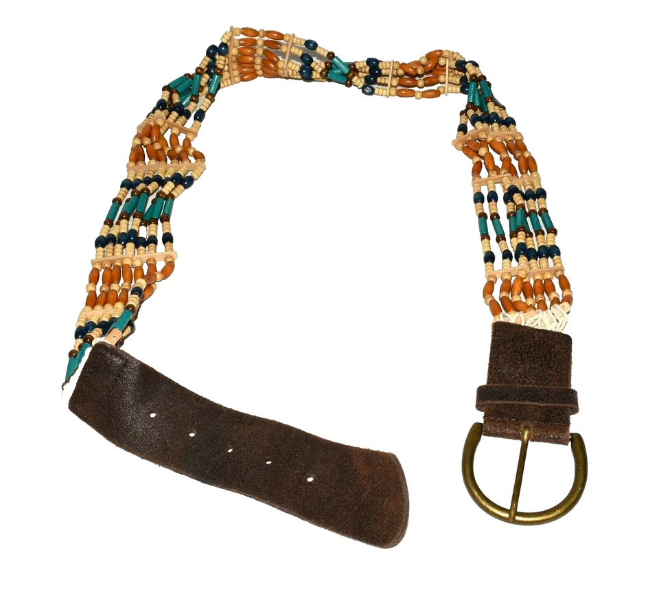 Xhilaration Boho Hippie Brown Leather Blue Brown Black Wood Beaded Belt Size 41 - Image 3 of 4