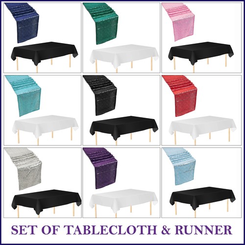 Sequin Table Runner And Plastic Table Cover Cloth Set Party Dining