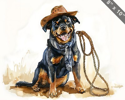 Rottweiler dressed in cowboy gear with a lasso watercolo 8x10 Print