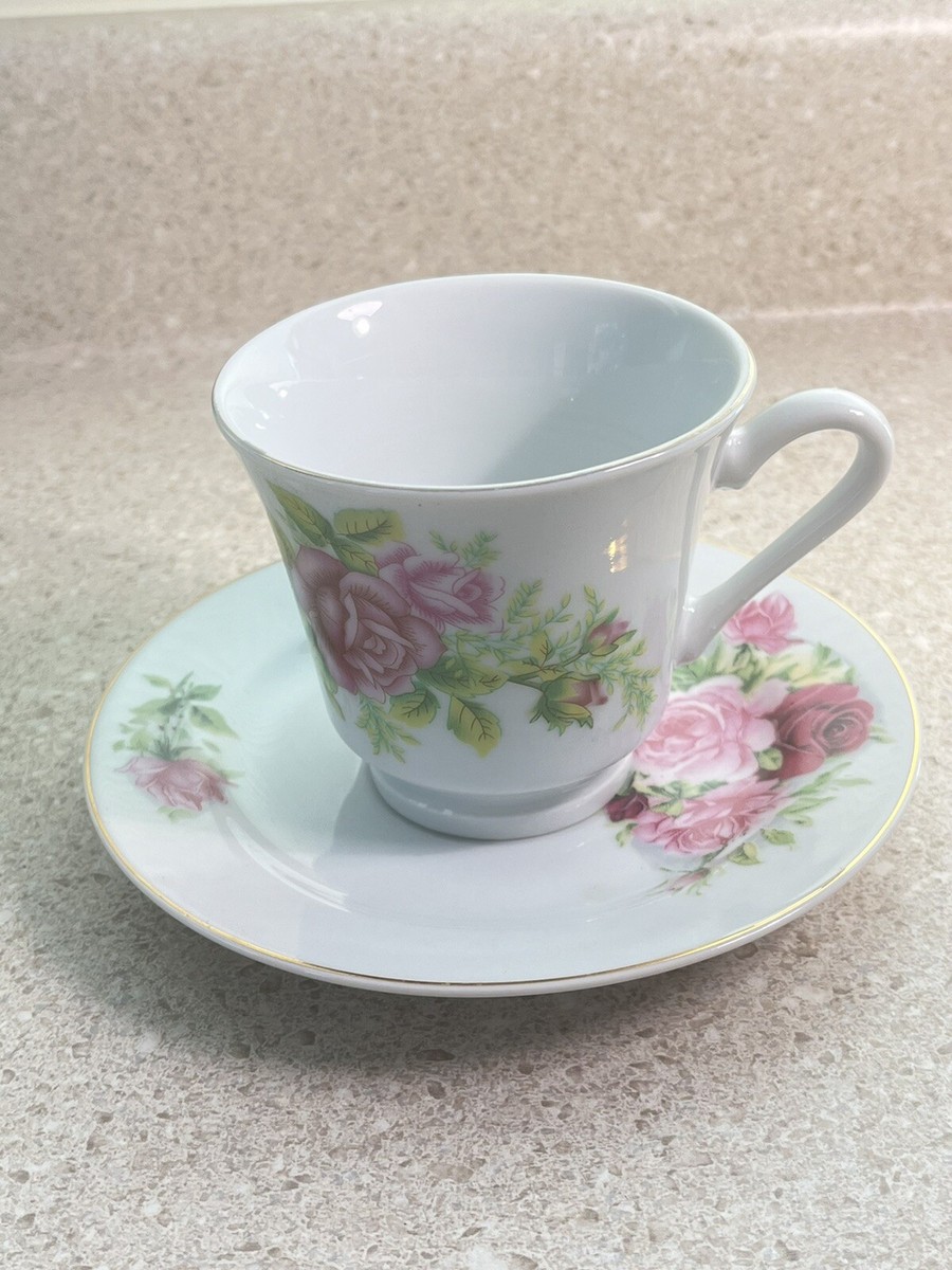 G571~ Pink Floral Teacup & Saucer Roses Gold Trim Vintage | eBay