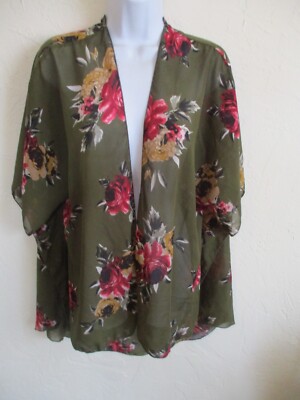 Emory Park Cardigan Top Size Small Sheer Floral Print Olive Green Duster