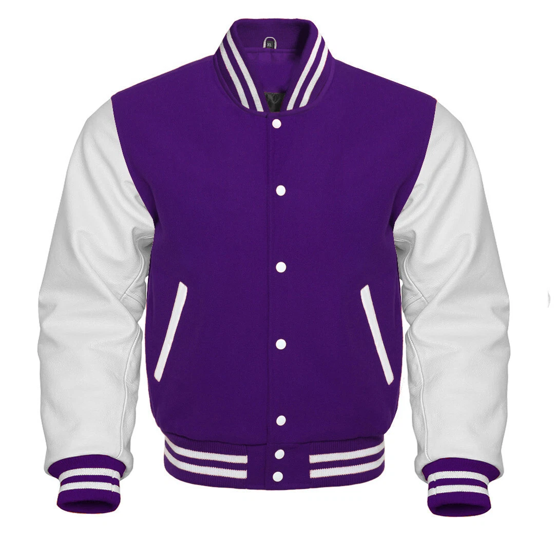 Men's Letterman Basketball Varsity Purple Wool White Leather Sleeve Jacket