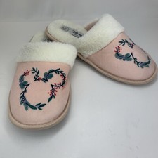 Disney House Slippers Pink White Furry Inside Green Mouse Head Green Wreath sz 7