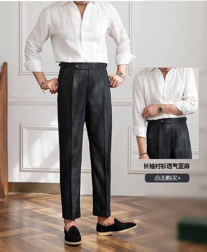 Hombres Verano 100% Lino Pierna Recta Pantalones Nápoles Cintura Alta Pantalones Informales Pantalones - Imagen 8 de 27