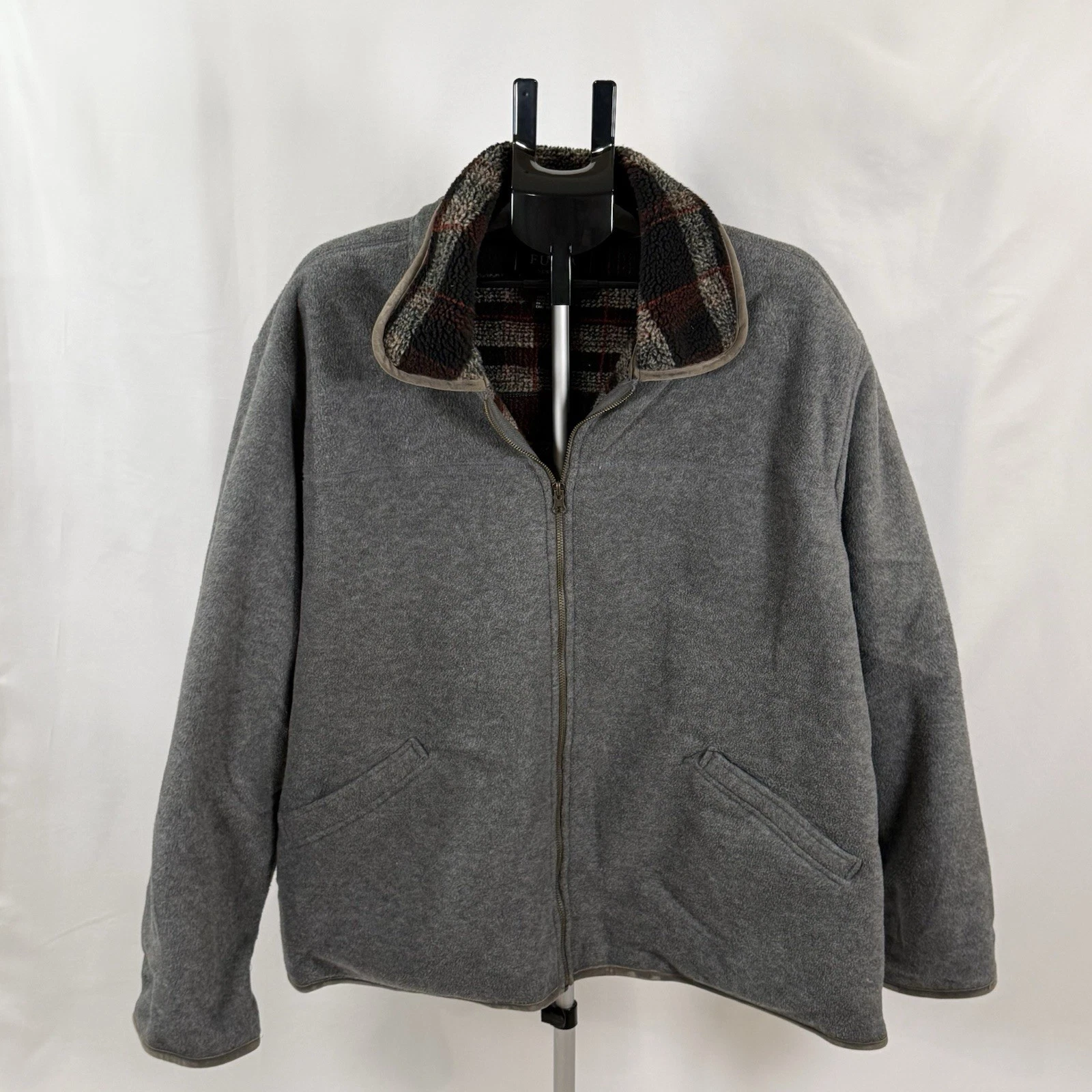 FU DA New York Fleece Jacket 2X Gray Plaid Lined Zip Lumberjack Cabin Core