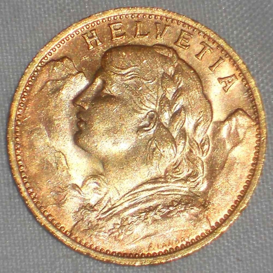 Hermosa moneda de oro 1927B Suiza Confederación Suiza veinte francos AU Foto 2 de 3
