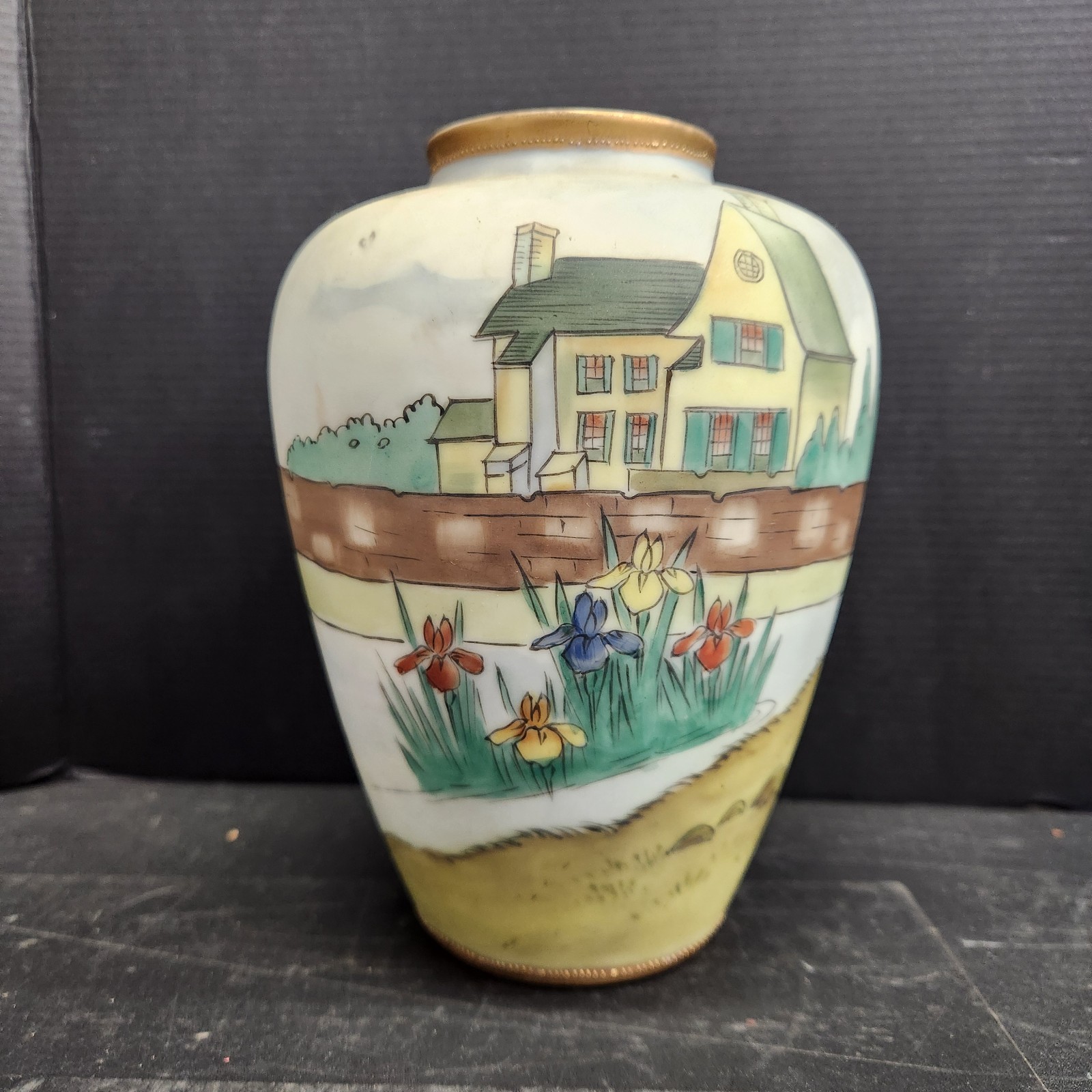 Antique hand painted Nippon vase, House scene, Irises & landscape, marked M