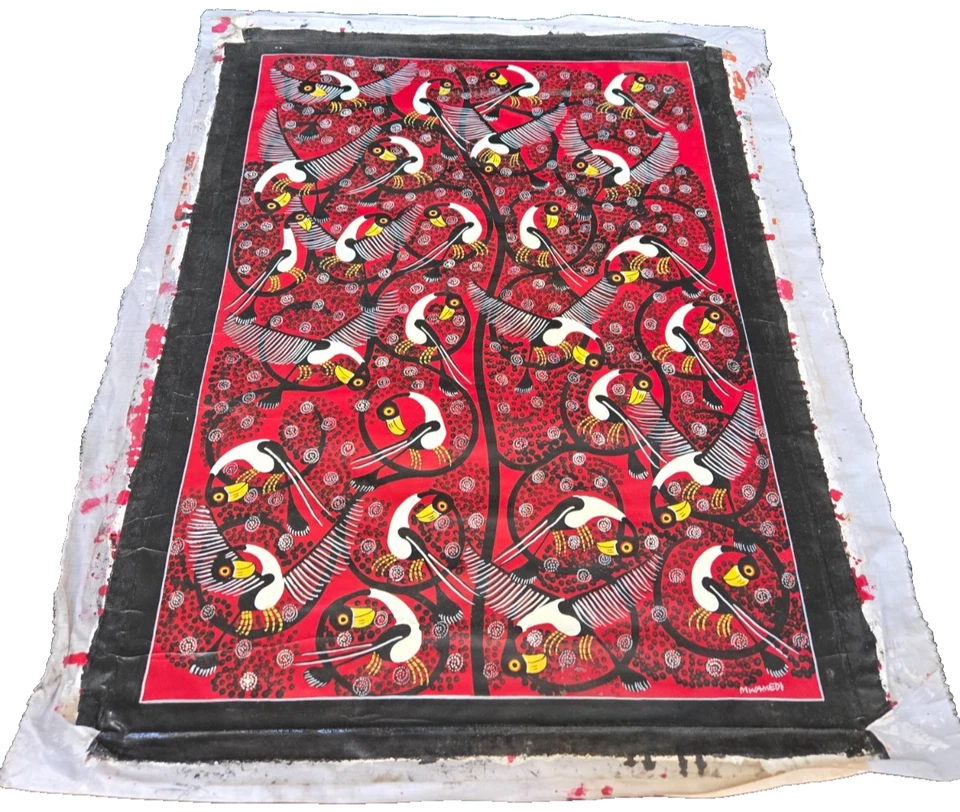 Birds Chatter Red Original Signed Tinga Tinga East African oil painting - Image 2 of 4