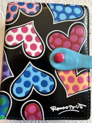 Romero Britto Bifold Wallet Snap Strap Credit Card Slots ID Window Heart Polka