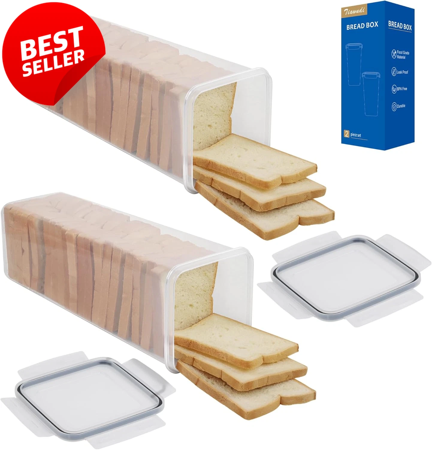 2 Pack Plastic Bread Box Airtight Bread Storage Container 5.6Qt Kitchen - US