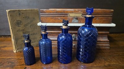 Set of 4 Antique Colbalt Blue Late 1800 s Quilted Poison Bottles With Stoppers