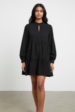 Ellison Black Textured Babydoll Mini Dress Ruffle Neck Tiered M Whimsical Boho