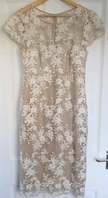 GINA BACCONI Dress UK 10 Champagne & White Embroidered Floral L42'' Vgc
