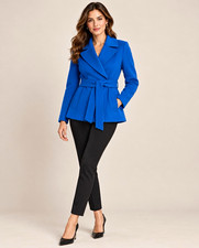 Women  s Blue Solid Belted Blazer Long Sleeve