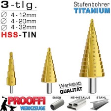 3-tlg HSS Stufenbohrer Schäl Konus Kegel Bohrer Metall Fräser Titanium Ø 4-32 mm
